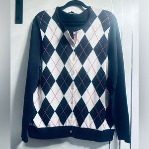 Lands End 1X Navy/White /Pink Argyle Cardigan 100% Supima Cotton